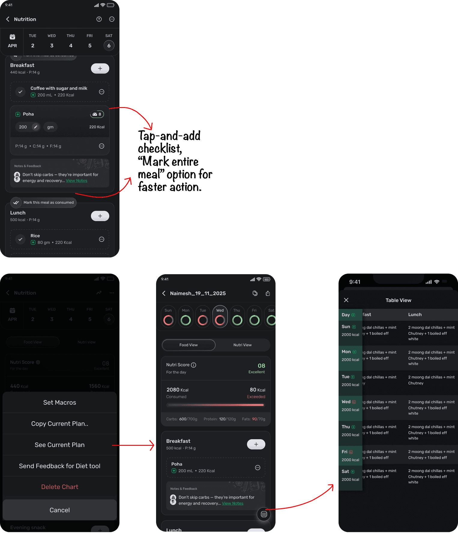 Enrolled user experience with quantity, calories, and quick-log controls