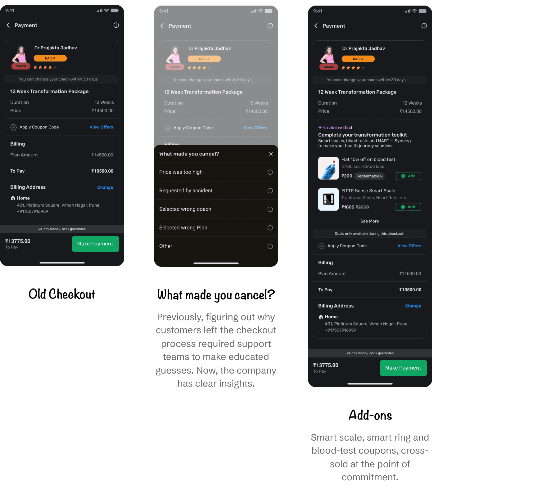 The legacy checkout, the “What made you cancel?” survey and the add-ons slot